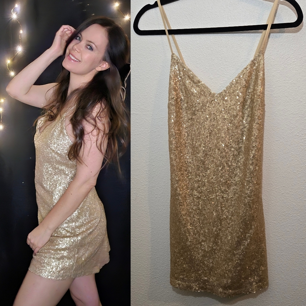 Beginning Boutique Gold Sequin Glitter Mini Dress Size 6